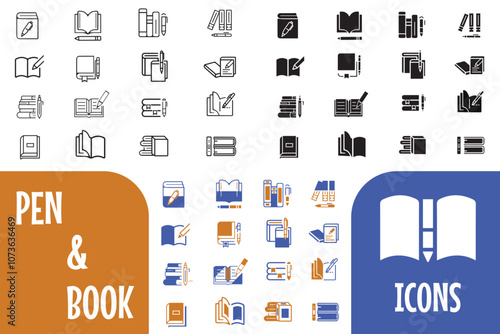 Book with pencil icon set. Vector illustration of study, journal, literature, writing, book, pen, pencil, booklet. Business education task edit signs design