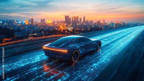 Smart car driving on city highway, autonomous driving technology