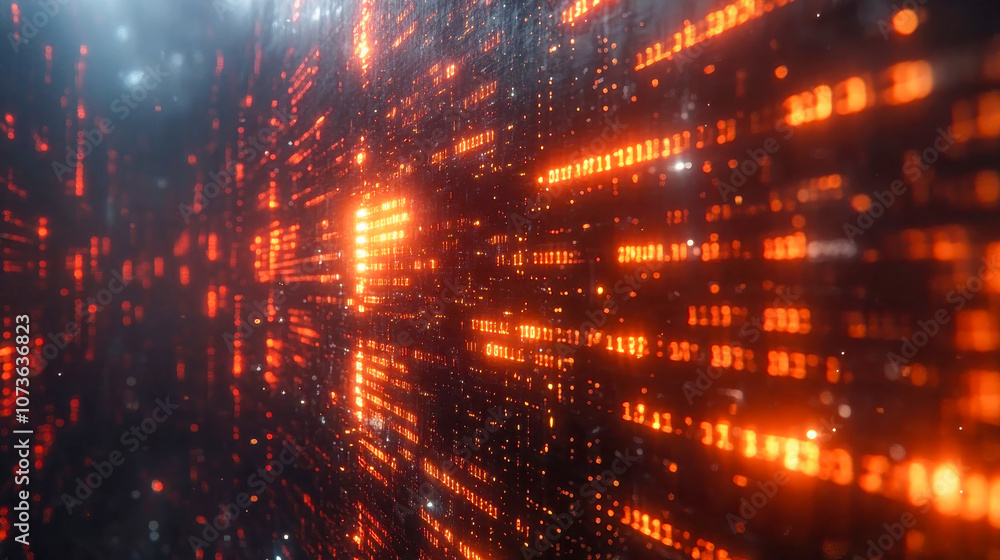 Fototapeta premium Abstract view of a wall displaying glowing orange binary code. A futuristic digital scene illustrating data, cybersecurity, and technological concepts