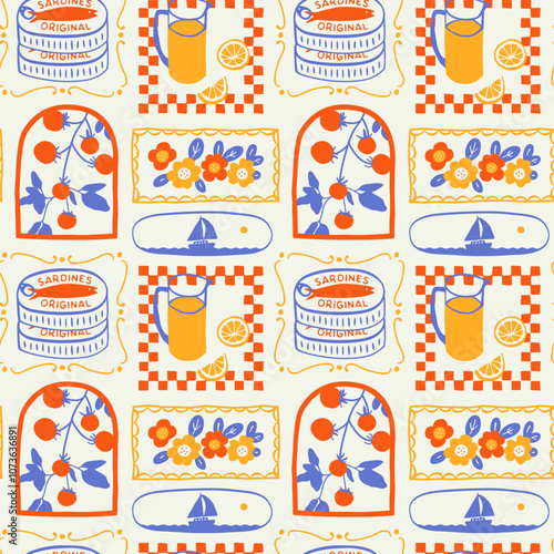 Retro hand drawn summer seamless pattern. Traditional patchwork style background illustration. Vintage mediterranean vacation textile print, fine art texture with tomato, sea, flower.