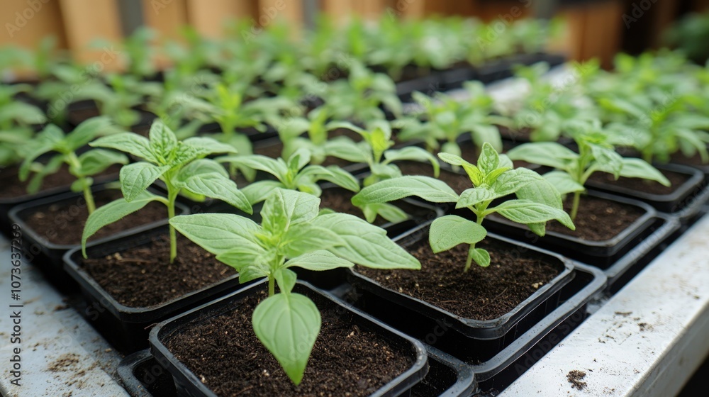 Rows of young green plants in black plastic pots, ready for transplanting. Rows of young green plants in black plastic pots, ready for transplanting.