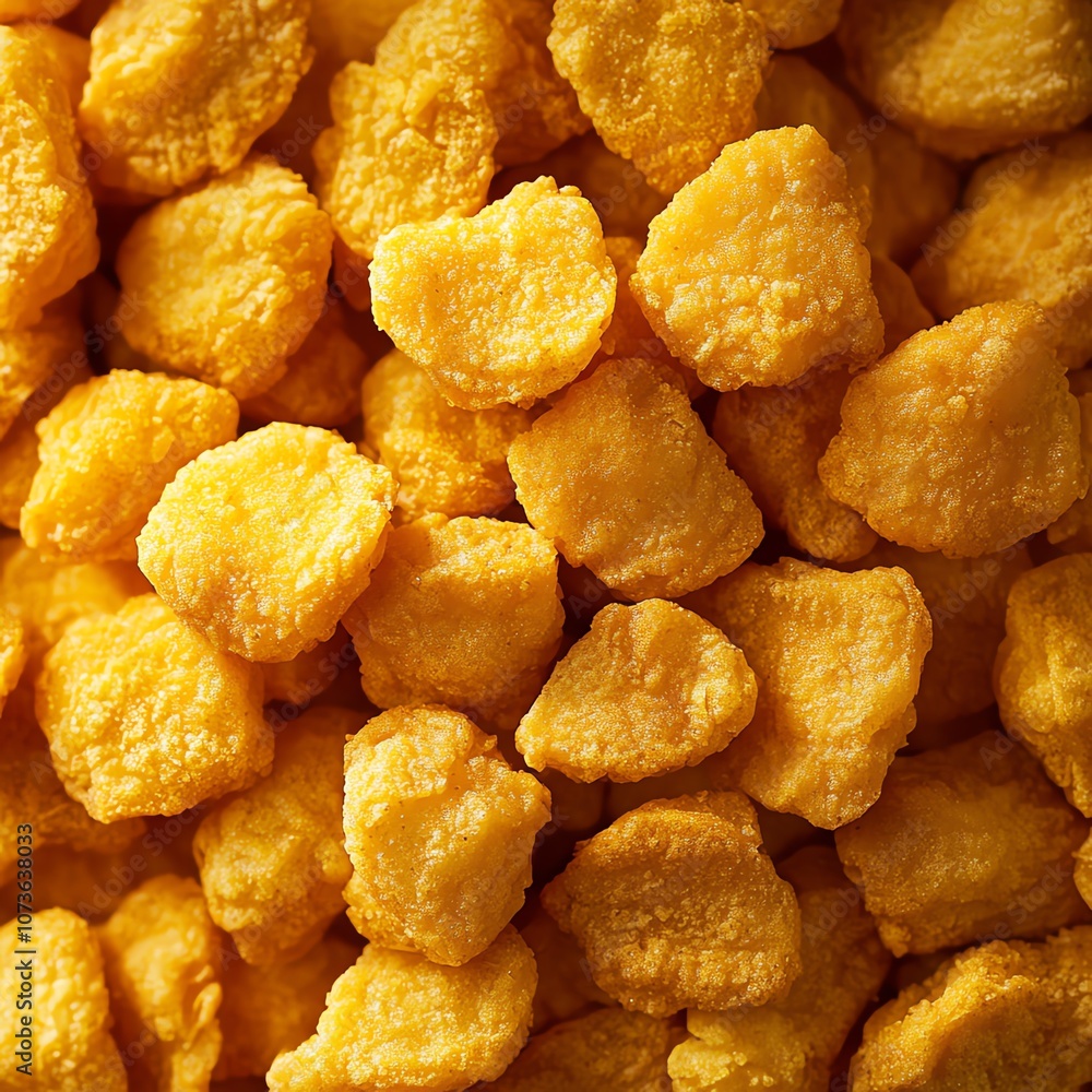A close-up of crispy, golden chicken nuggets piled together, perfect for savory cravings. A close-up of crispy, golden chicken nuggets piled together, perfect for savory cravings.