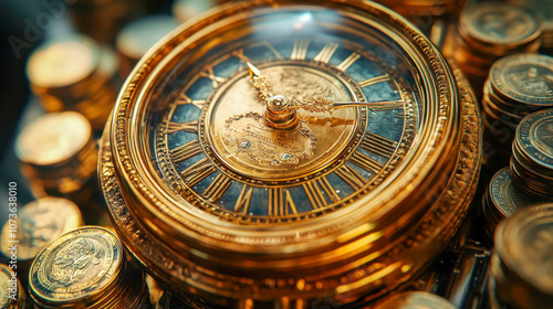 Vintage golden alarm clock with stacks of coins, symbolizing the concept of time and wealth in a financial context