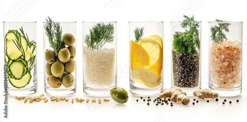 A Row of Tall Glasses with Different Ingredients Like Herbs

 photo