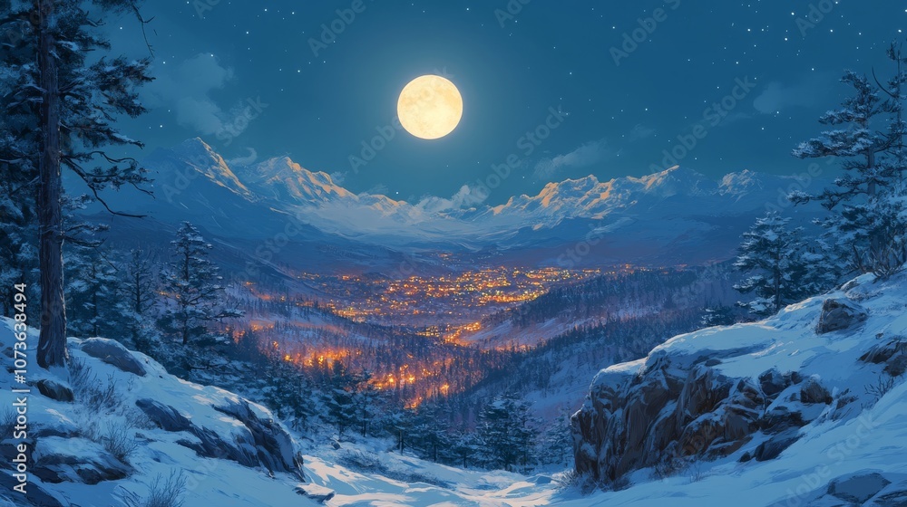 Full Moon Over Snowy Mountains and Illuminated Valley Full Moon Over Snowy Mountains and Illuminated Valley