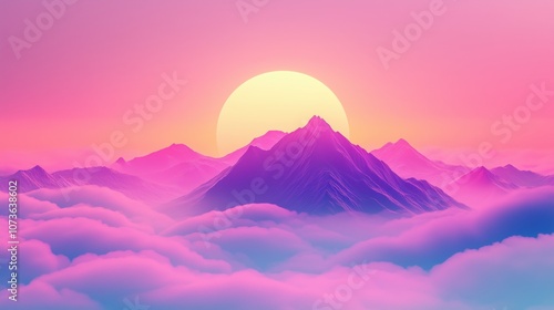 Vibrant pink and purple mountain peaks above clouds with a sunlit sky