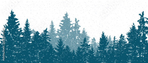 Coniferous winter forest. Beautiful landscape of silhouettes of spruce trees and snowfall. Vector illustration