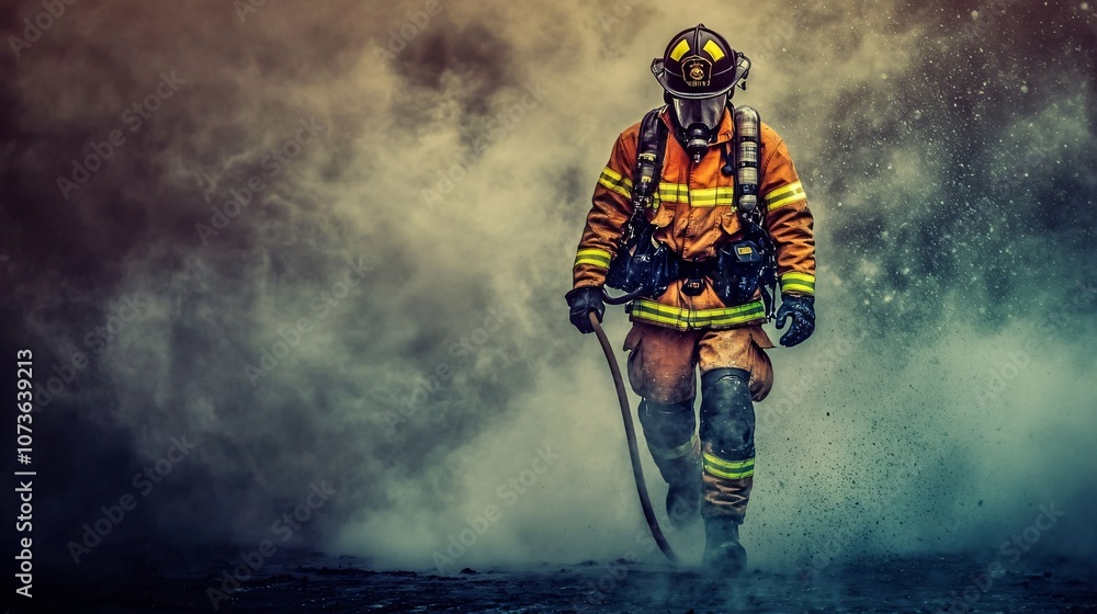 Fototapeta premium Firefighter Walking Through Smoke and Dust