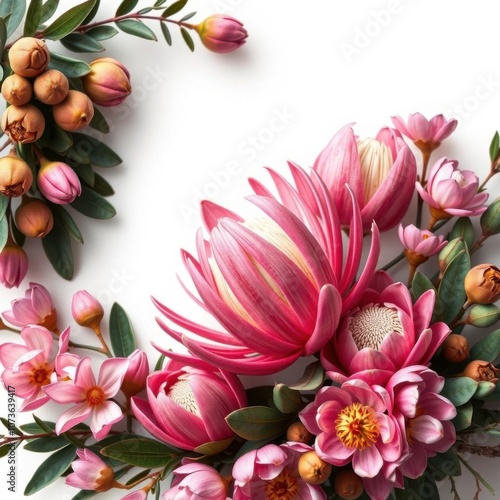 Beautiful pink king protea surrounded by pink ice proteas leucadendrons eucalyptus leaves and flowering gum nuts creating a floral border on a rustic white background frame christmas isolated