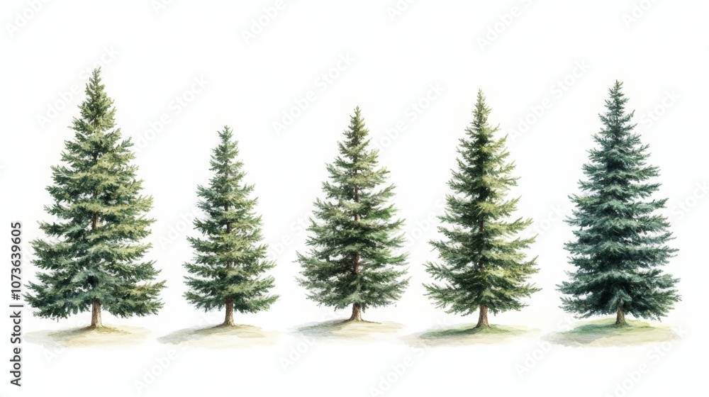 Watercolor Painting of Five Evergreen Trees in Different Sizes Watercolor Painting of Five Evergreen Trees in Different Sizes