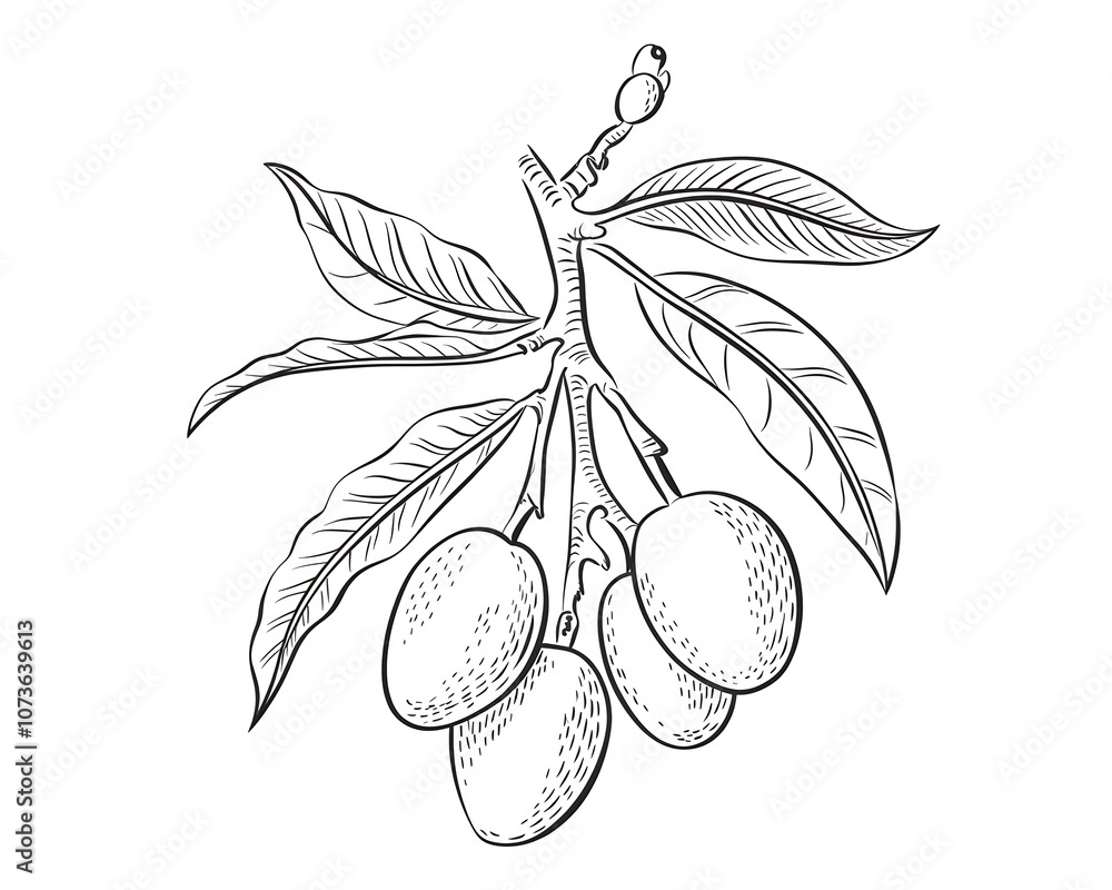 Hand-drawn illustration of a branch of mangoes with leaves. Hand-drawn illustration of a branch of mangoes with leaves.
