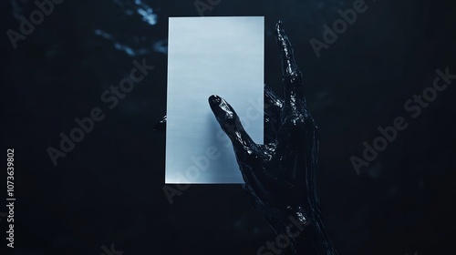 A Scary Black Hand Holds a Blank Sheet of Paper Created with Dark Shadows

 photo