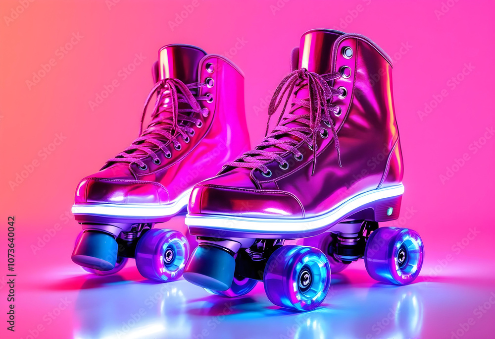 Retro roller skates in shiny neon pink with glowing wheels Retro roller skates in shiny neon pink with glowing wheels