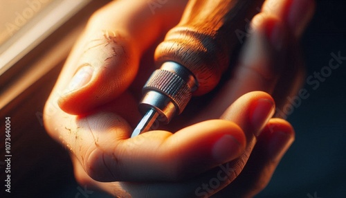 Close-Up of a Hand Holding a Screwdriver, Highlighting Manual Labor Tools.  photo