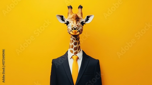 Giraffe in suit and tie on yellow background. Creative marketing campaign concept, 4k Resolution photo