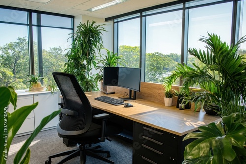 Modern Office Desk with Natural Light and Greenery