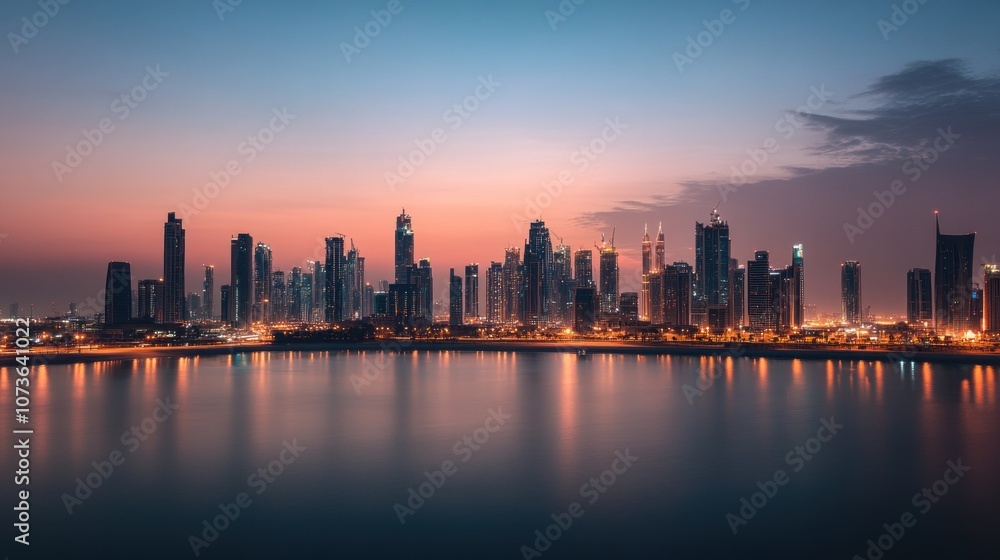 A vibrant city skyline at dusk, reflecting lights in the water. A vibrant city skyline at dusk, reflecting lights in the water.