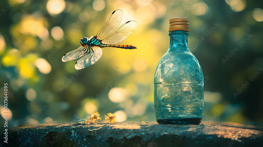 A Beautiful Contrast: A Gentle Dragonfly Dancing Around a Discarded Bottle in Nature's Embrace A Beautiful Contrast: A Gentle Dragonfly Dancing Around a Discarded Bottle in Nature's Embrace