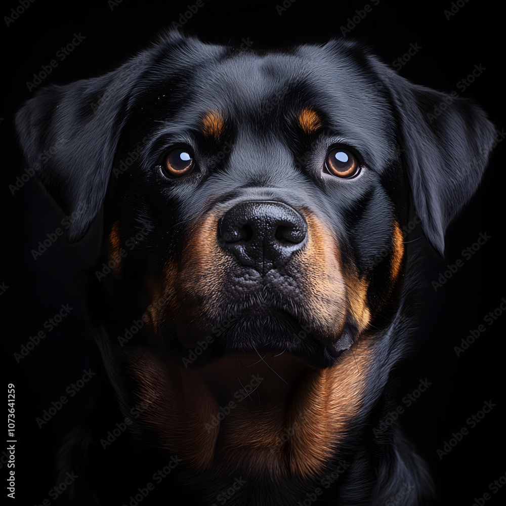 Portrait of a majestic rottweiler with striking eyes against a dark background, showcasing its confident and loyal demeanor Portrait of a majestic rottweiler with striking eyes against a dark background, showcasing its confident and loyal demeanor