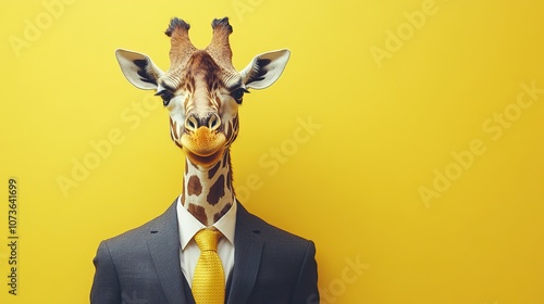 Giraffe in suit and tie on yellow background. Creative marketing campaign concept, 4k Resolution photo