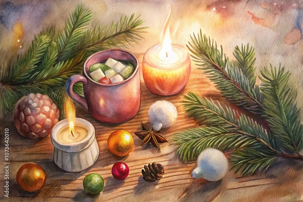 holiday decor items, including ornaments, candles, pine branches, and a hot cocoa drink holiday decor items, including ornaments, candles, pine branches, and a hot cocoa drink
