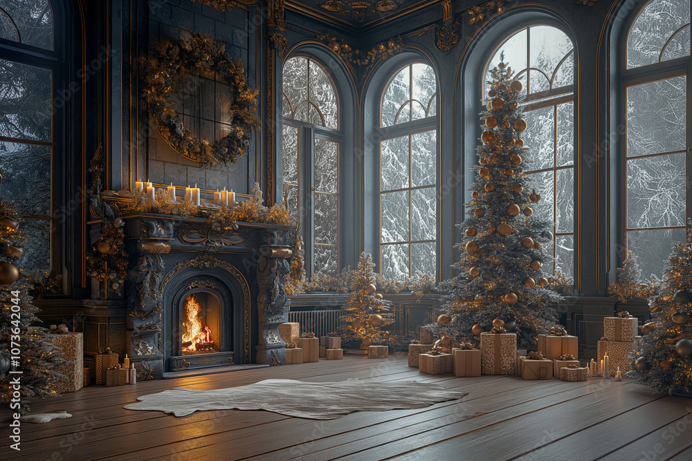 Fototapeta premium Cozy winter living room decorated for Christmas with trees, gifts, and a warm fireplace