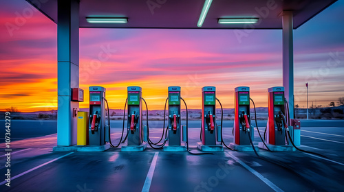 Multiple fuel pumps in various colors at a gas station, photographed during a beautiful sunset. Ideal for topics related to fuel, transportation, energy, and travel... photo