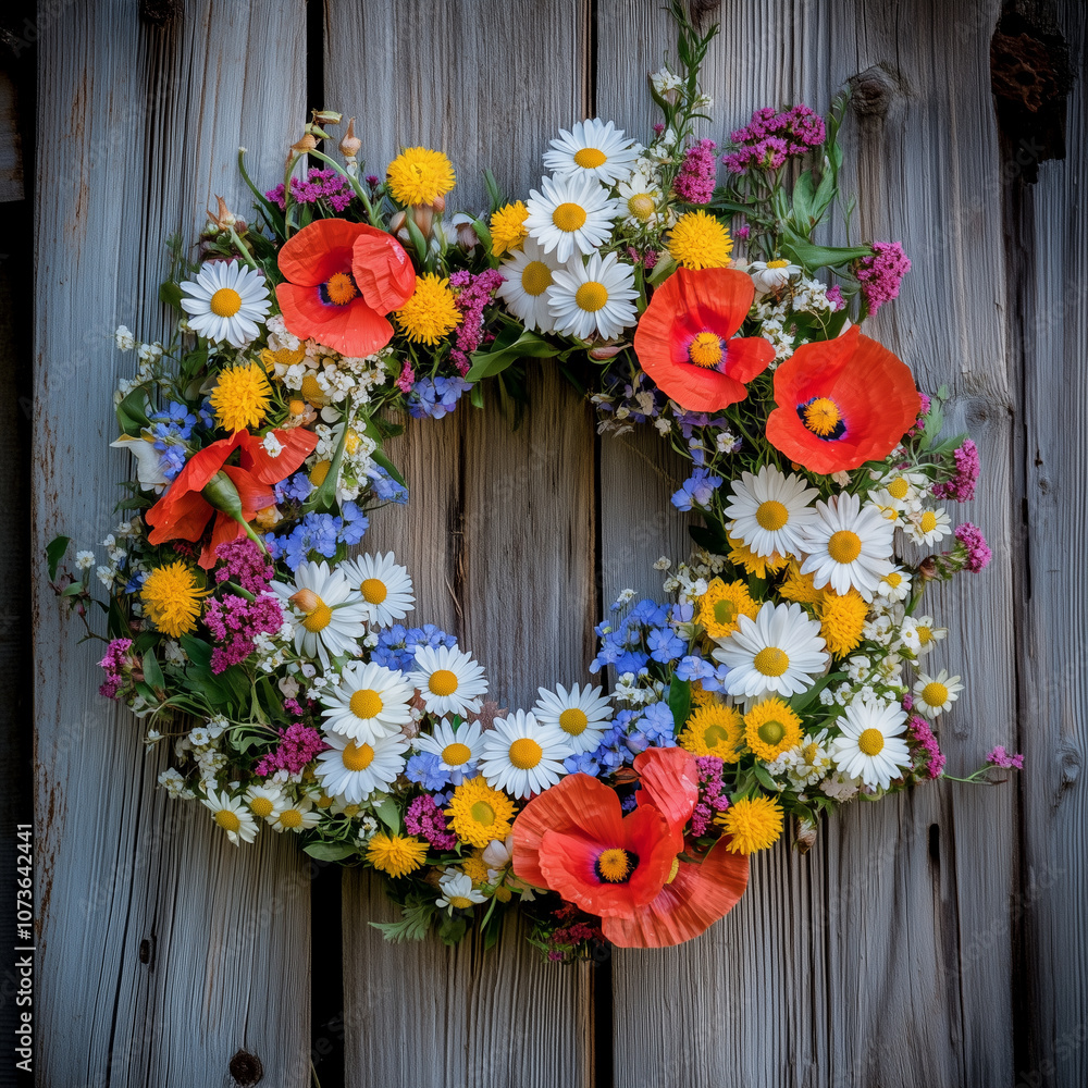 Wildflower Wreath with Daisies, Poppies, and Yellow Blooms on Rustic Wood Wildflower Wreath with Daisies, Poppies, and Yellow Blooms on Rustic Wood