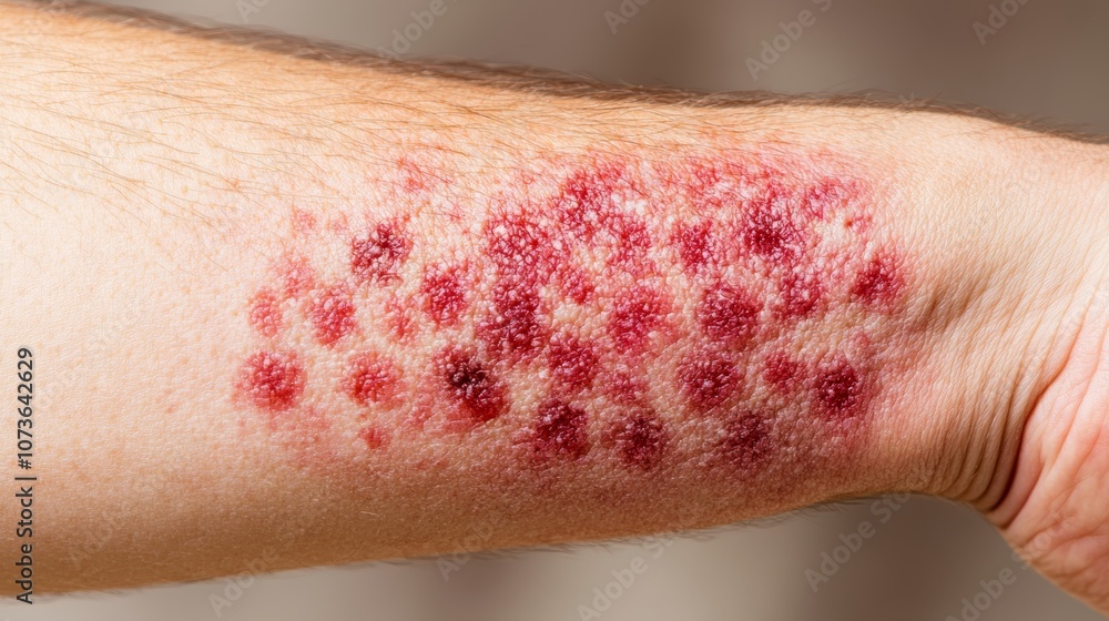 Detailed closeup of a skin rash on an arm, showing redness, irritation, and potential signs of allergic reaction or skin condition. Detailed closeup of a skin rash on an arm, showing redness, irritation, and potential signs of allergic reaction or skin condition.