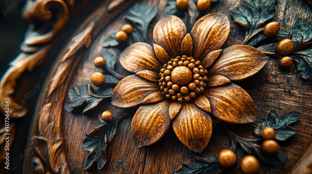 A detailed wooden carving of a flower with intricate designs and textures. A detailed wooden carving of a flower with intricate designs and textures.