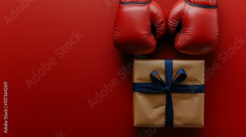 Red Boxing Gloves and Gift Box on Vibrant Crimson Background photo