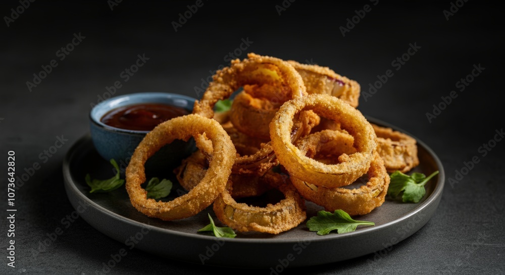 Crispy Onion Rings with Sauce on a Plate Crispy Onion Rings with Sauce on a Plate