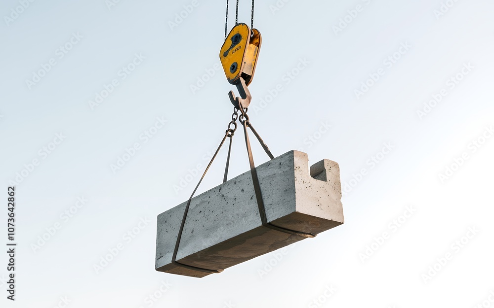 A construction crane lifts a large concrete block against a clear blue sky. A construction crane lifts a large concrete block against a clear blue sky.
