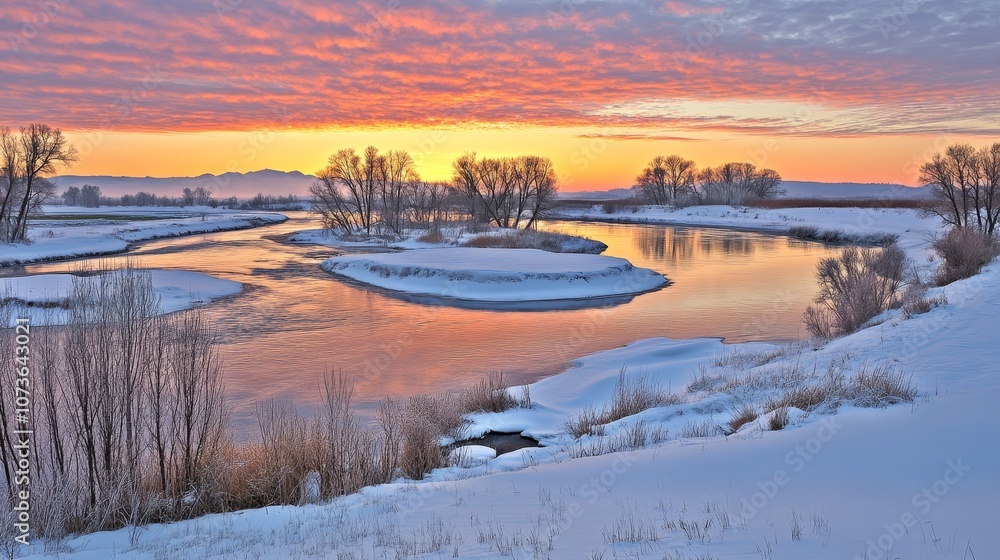 A serene winter landscape at sunrise, featuring a river winding through snow-covered terrain. A serene winter landscape at sunrise, featuring a river winding through snow-covered terrain.