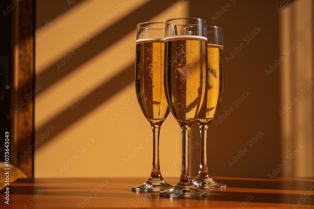 Celebrate in Style with Three Elegant Champagne Flutes Filled with Bubbly Gold Champagne on a Dark Wooden Table Celebrate in Style with Three Elegant Champagne Flutes Filled with Bubbly Gold Champagne on a Dark Wooden Table