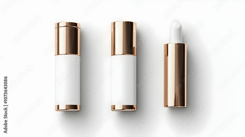 Three white cosmetic bottles with rose gold caps on a white background. Three white cosmetic bottles with rose gold caps on a white background.