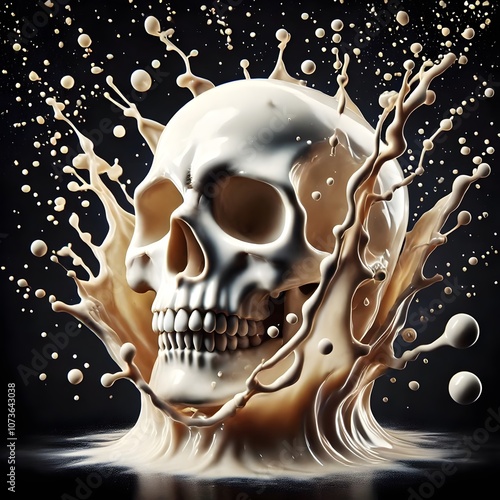 Surreal skull emerging from liquid splashes, blending themes of mortality and fluidity in a dramatic, dark art composition. photo