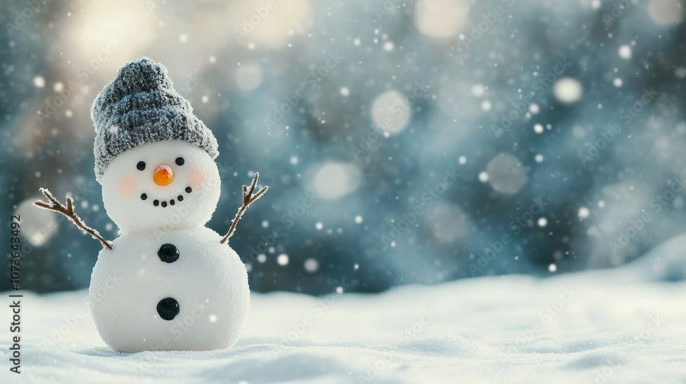 A cheerful snowman in festive hat enjoys snowy winter wonderland A cheerful snowman in festive hat enjoys snowy winter wonderland