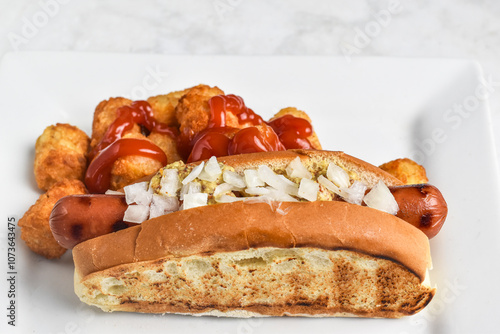 hot dog top with onions and stone  ground mustard photo