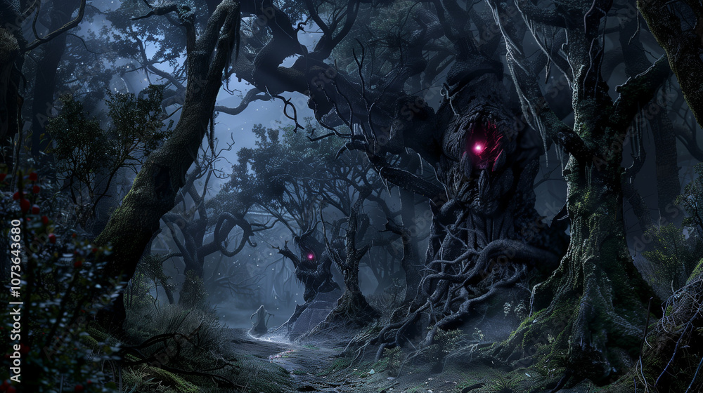 A dark, foggy forest at night, twisted, gnarled trees looming over an old, crumbling path A dark, foggy forest at night, twisted, gnarled trees looming over an old, crumbling path