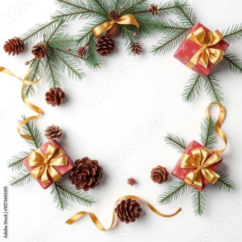 Christmas wreath, pine branches, pinecones, golden ribbons, red gift boxes, festive decorations, white background, circular composition, realistic detail, holiday spirit, warm lighting, minimalist des