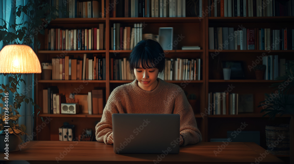 Woman working late, focused on her laptop in a cozy library setting for research and study Woman working late, focused on her laptop in a cozy library setting for research and study