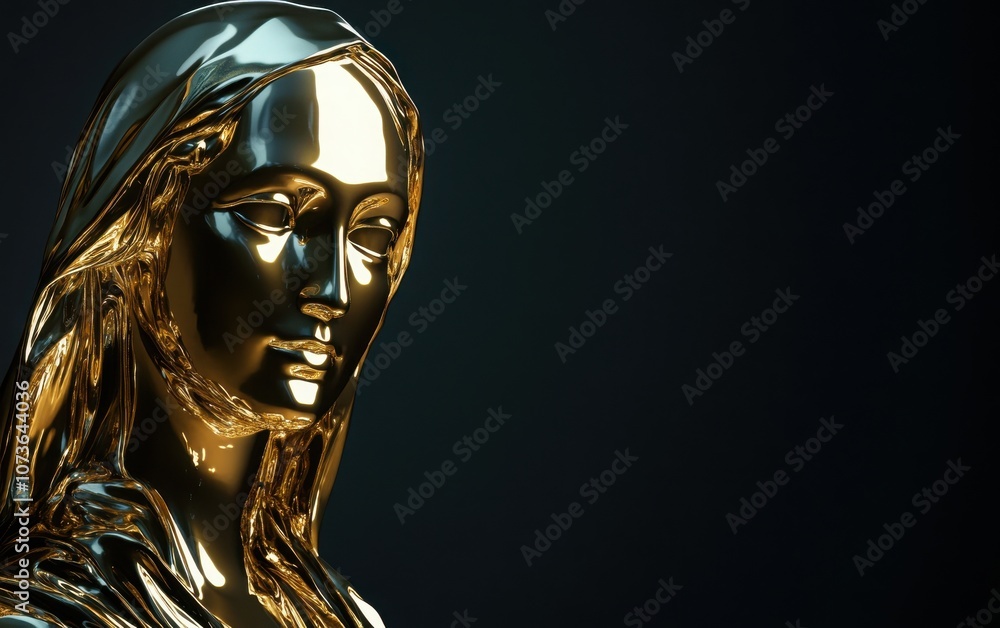 Golden statue resembling the Mona Lisa in 3D, with a glossy finish and reflective lighting on a dark backdrop. Golden statue resembling the Mona Lisa in 3D, with a glossy finish and reflective lighting on a dark backdrop.