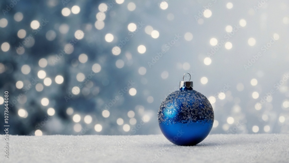 Obraz premium Eine blaue Weihnachtskugel mit weißen Ornamenten liegt weiter entfernt auf Kunstschnee, schönes Bokeh im Hintergrund