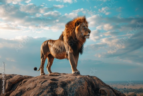 Majestic Lion Standing on a Rocky Outcrop with a Blue Sky and Clouds