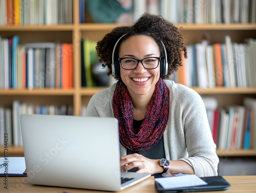 Online tutor, working on a laptop with headphones on, engaged in remote teaching or learning session
