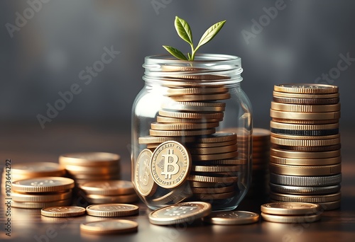 Glass Jar Filled with Gold Coins and Bitcoin Plant Sprouting Financial Growth Concept