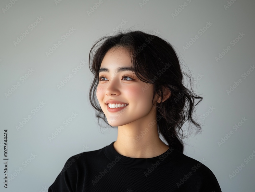 Portrait of a Smiling Beautiful Asian Woman in Side View, Capturing Grace and Confidence. Elegant and Charming Representation of Modern Beauty and Happiness. Portrait of a Smiling Beautiful Asian Woman in Side View, Capturing Grace and Confidence. Elegant and Charming Representation of Modern Beauty and Happiness.