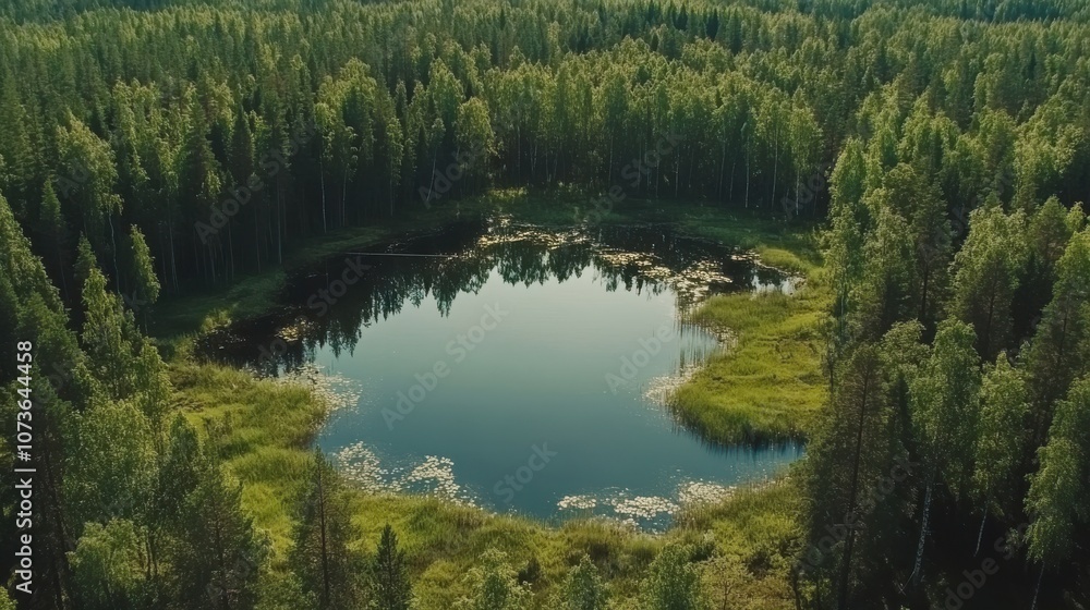 Tranquil aerial view of a secluded lake surrounded by lush green trees. Tranquil aerial view of a secluded lake surrounded by lush green trees.