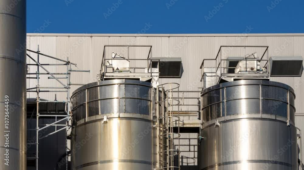 Industrial silos gleaming under a clear blue sky at a modern processing plant Industrial silos gleaming under a clear blue sky at a modern processing plant